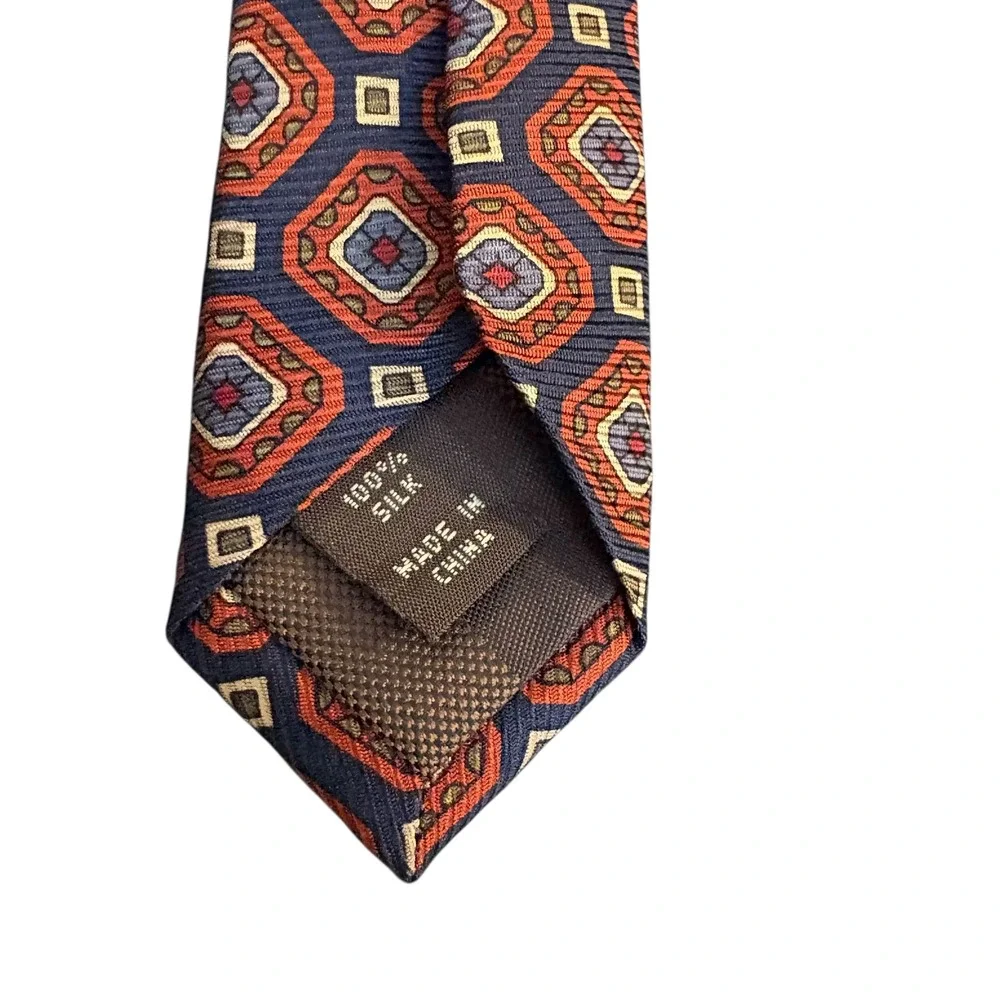 Tasso Elba 100%‎ Silk Tie Geometric Red Navy Diamond Pattern 60